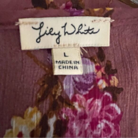 Lily White Floral 3/4 Sleeve Front Knot Blouse Wine With Yellow Pink Flowers Lrg - Picture 6 of 11